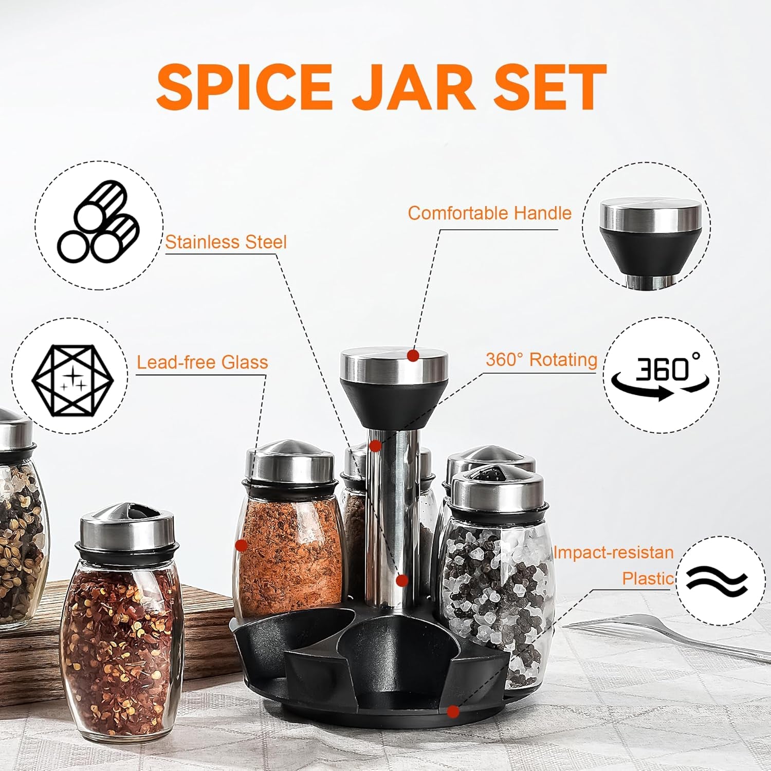 6PC Spinning Glass Spice Jars - 360° Rotating Spice Rack Organizer with Jars, Stainless Steel Revolving Seasoning Holder Jars for Countertop Cabinet Kitchen Spices Cruets