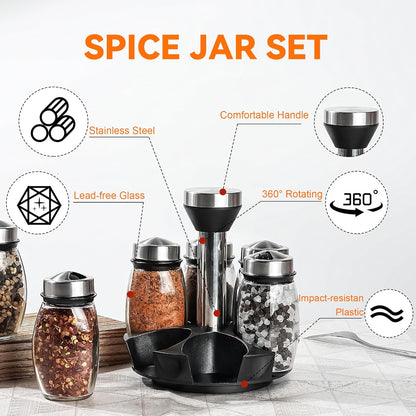 6PC Spinning Glass Spice Jars - 360° Rotating Spice Rack Organizer with Jars, Stainless Steel Revolving Seasoning Holder Jars for Countertop Cabinet Kitchen Spices Cruets