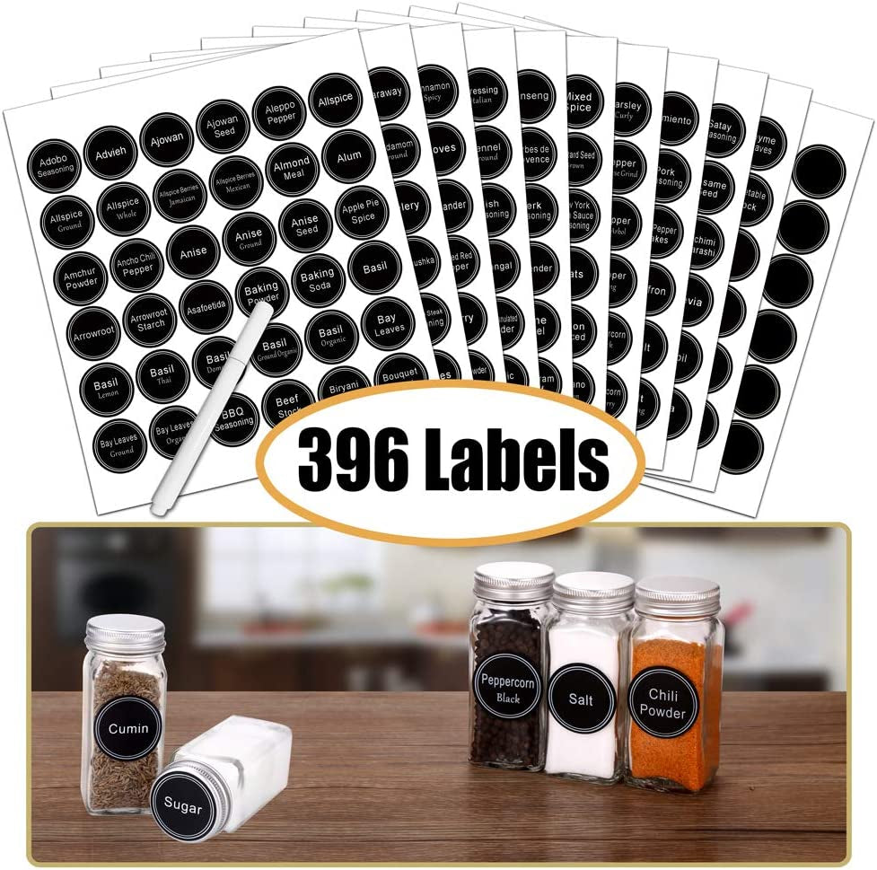Spice Rack Organizer with 32 Glass Spice Jars and 396 Spice Labels | Chalk Marker, Funnel, 32 Pcs 4Oz Spice Bottles, 4 Tier Spice Organizer for Cabinet, Countertop, Cupboard or Wall Mount, Black