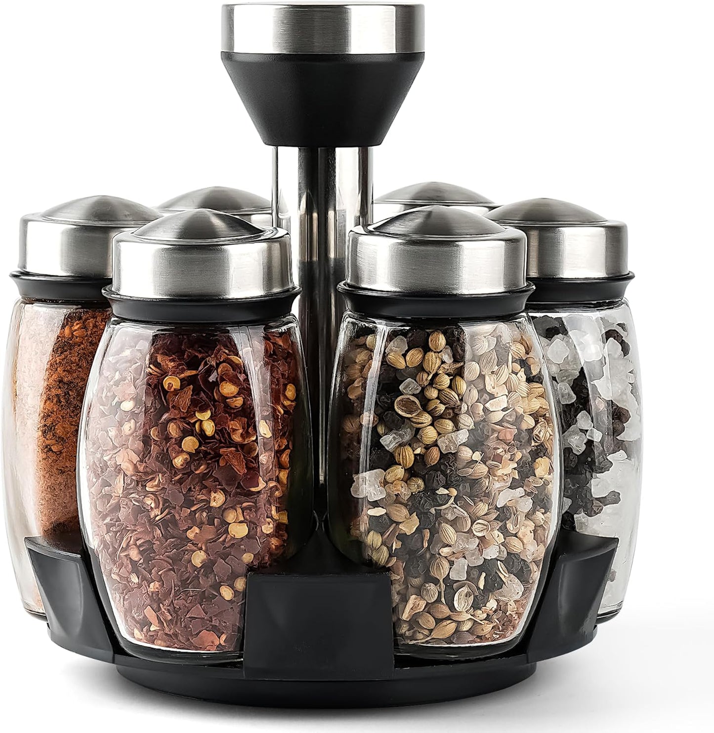 6PC Spinning Glass Spice Jars - 360° Rotating Spice Rack Organizer with Jars, Stainless Steel Revolving Seasoning Holder Jars for Countertop Cabinet Kitchen Spices Cruets