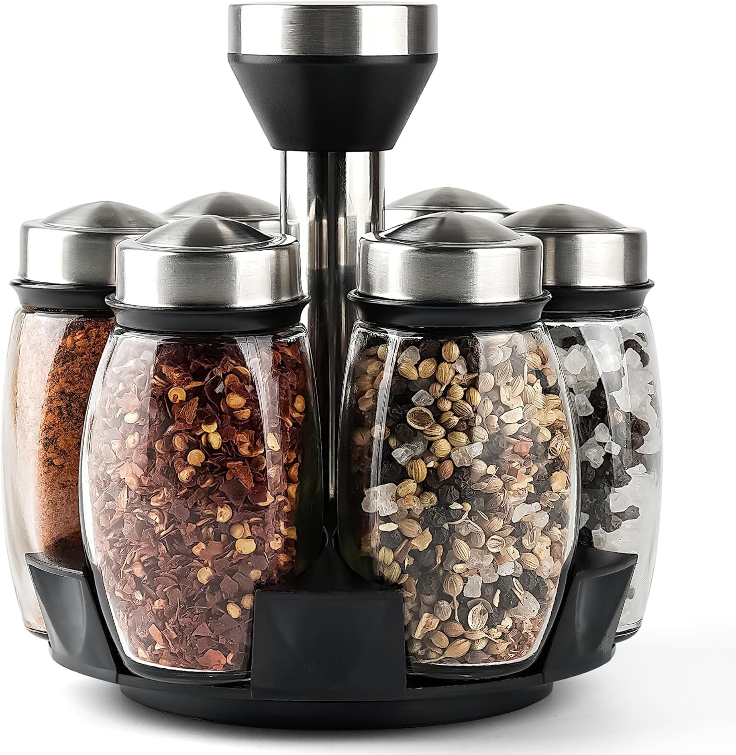 6PC Spinning Glass Spice Jars - 360° Rotating Spice Rack Organizer with Jars, Stainless Steel Revolving Seasoning Holder Jars for Countertop Cabinet Kitchen Spices Cruets