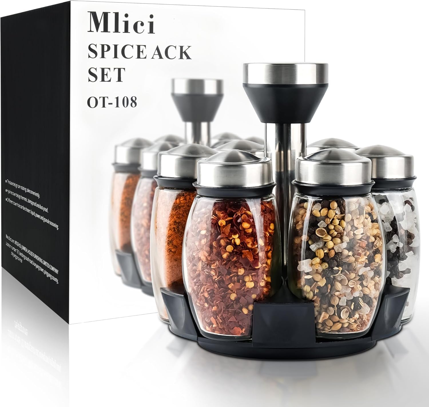 6PC Spinning Glass Spice Jars - 360° Rotating Spice Rack Organizer with Jars, Stainless Steel Revolving Seasoning Holder Jars for Countertop Cabinet Kitchen Spices Cruets
