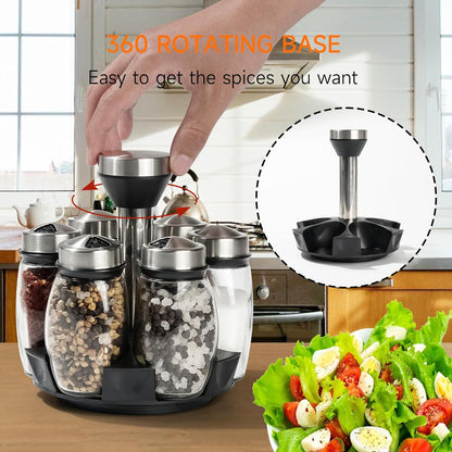 6PC Spinning Glass Spice Jars - 360° Rotating Spice Rack Organizer with Jars, Stainless Steel Revolving Seasoning Holder Jars for Countertop Cabinet Kitchen Spices Cruets
