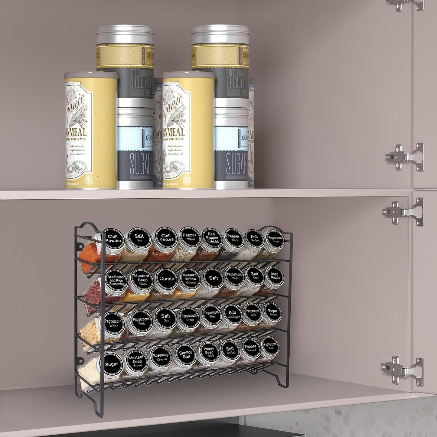 Spice Rack Organizer with 32 Glass Spice Jars and 396 Spice Labels | Chalk Marker, Funnel, 32 Pcs 4Oz Spice Bottles, 4 Tier Spice Organizer for Cabinet, Countertop, Cupboard or Wall Mount, Black