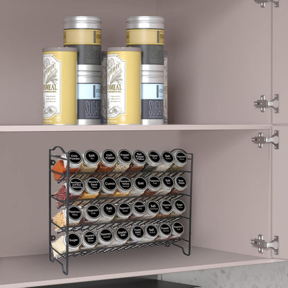 Spice Rack Organizer with 32 Glass Spice Jars and 396 Spice Labels | Chalk Marker, Funnel, 32 Pcs 4Oz Spice Bottles, 4 Tier Spice Organizer for Cabinet, Countertop, Cupboard or Wall Mount, Black