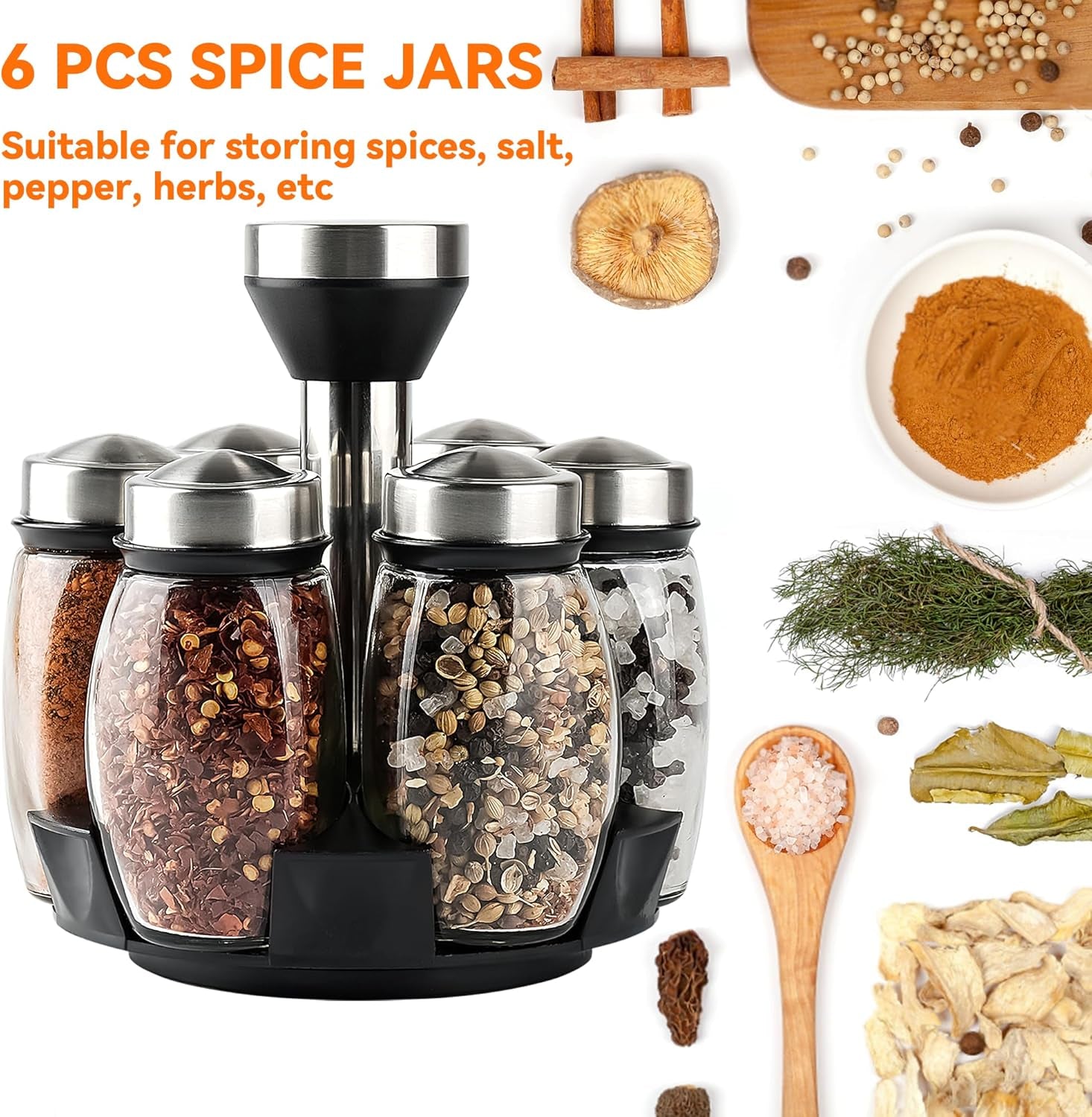 6PC Spinning Glass Spice Jars - 360° Rotating Spice Rack Organizer with Jars, Stainless Steel Revolving Seasoning Holder Jars for Countertop Cabinet Kitchen Spices Cruets