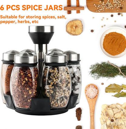 6PC Spinning Glass Spice Jars - 360° Rotating Spice Rack Organizer with Jars, Stainless Steel Revolving Seasoning Holder Jars for Countertop Cabinet Kitchen Spices Cruets