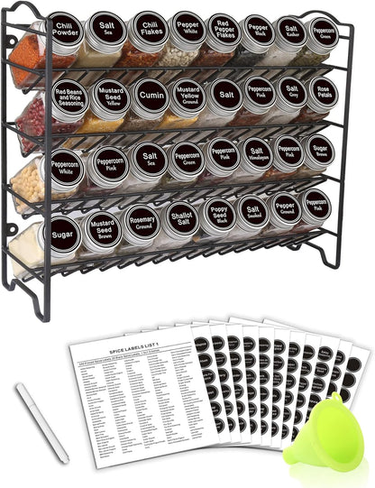 Spice Rack Organizer with 32 Glass Spice Jars and 396 Spice Labels | Chalk Marker, Funnel, 32 Pcs 4Oz Spice Bottles, 4 Tier Spice Organizer for Cabinet, Countertop, Cupboard or Wall Mount, Black