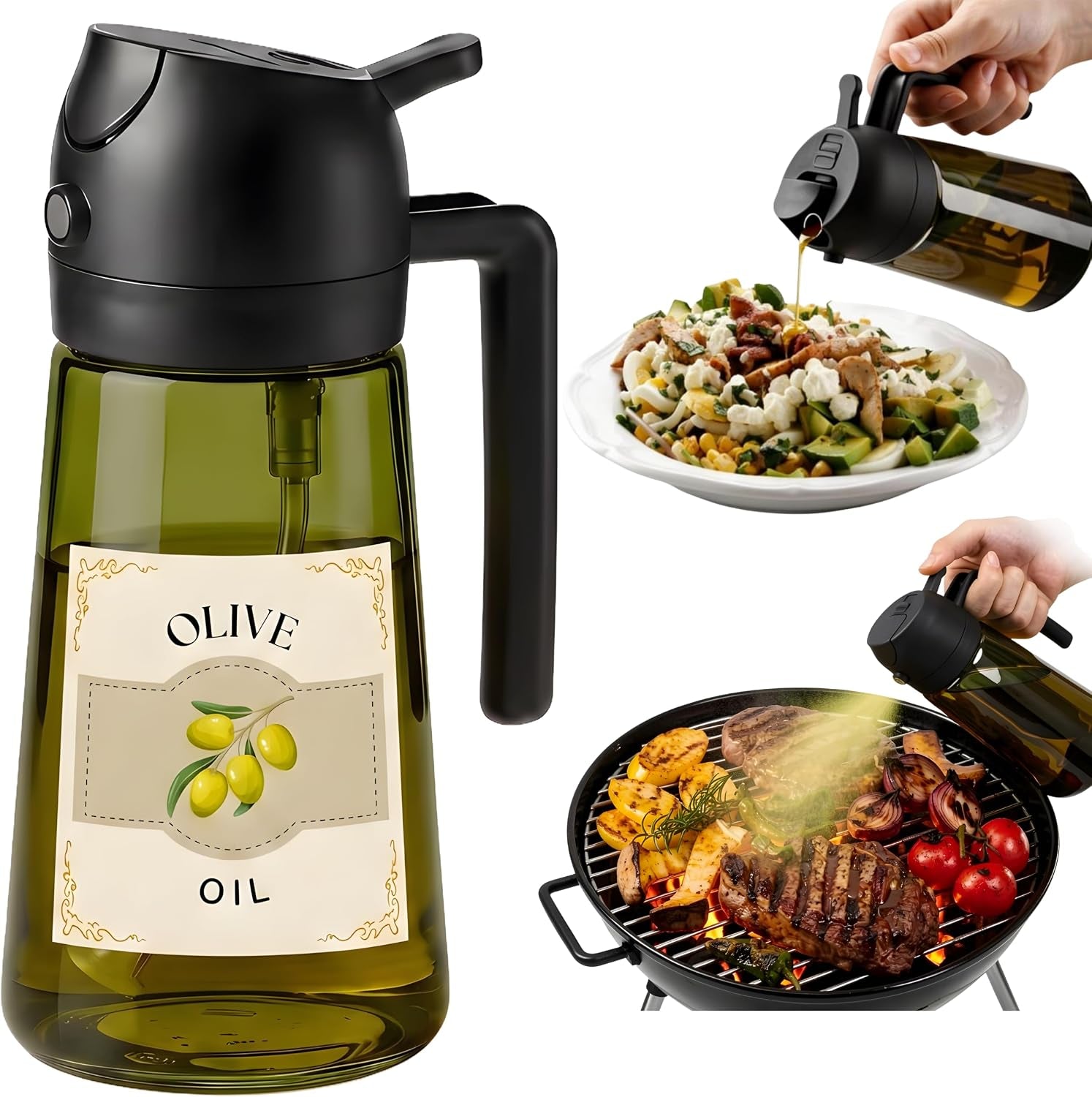 Glass Olive Oil Sprayer for Cooking 16Oz/470Ml – Dark-Green 2-In-1 Glass Oil Sprayer & Dispenser with 9 Labeled Stickers, Kitchen Gadgets & Air Fryer Accessories, Olive Oil Dispenser – Black