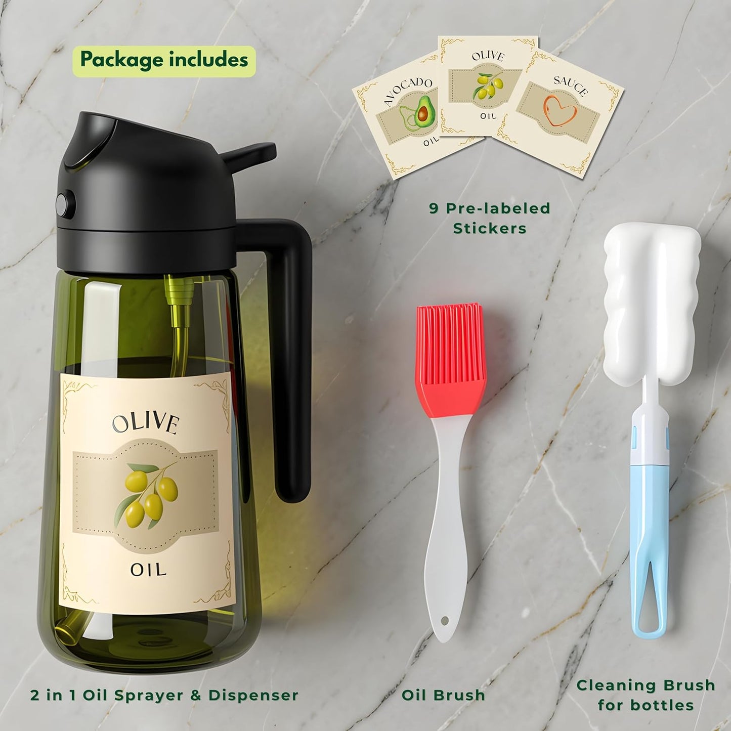 Glass Olive Oil Sprayer for Cooking 16Oz/470Ml – Dark-Green 2-In-1 Glass Oil Sprayer & Dispenser with 9 Labeled Stickers, Kitchen Gadgets & Air Fryer Accessories, Olive Oil Dispenser – Black