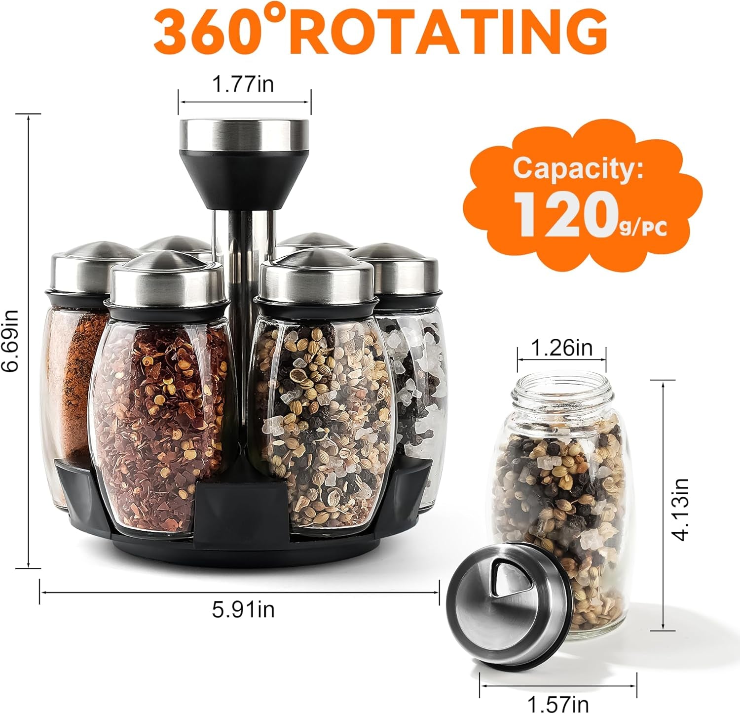 6PC Spinning Glass Spice Jars - 360° Rotating Spice Rack Organizer with Jars, Stainless Steel Revolving Seasoning Holder Jars for Countertop Cabinet Kitchen Spices Cruets